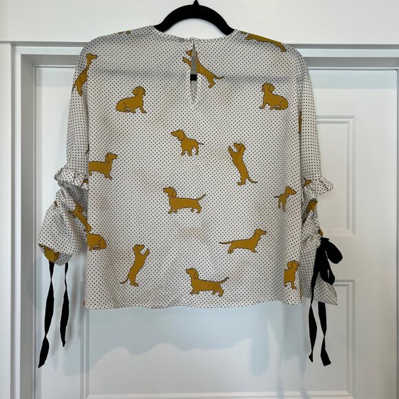 Zara Women Mustard Dachshund Dog Print Polka Dot Blouse – XS - Picture 6 of 8